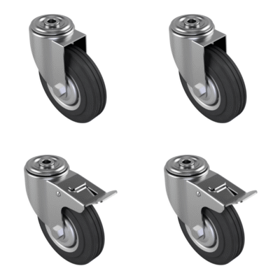 4 Pack 2 x Swivel 2 x Braked Rubber Steel Bolt Hole 125mm 300kg Load Per Set
