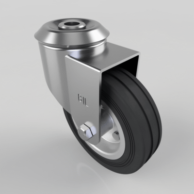 Black Rubber Pressed Steel Bolt Hole Swivel Castor 100mm 70kg Load