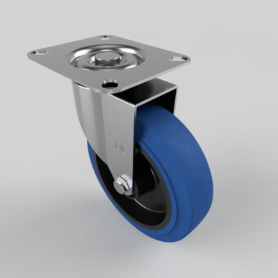 Blue Elastic Rubber 65ShoreA Plate Swivel Castor 125mm 125kg Load