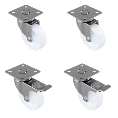 4 Pack Nylon Swivel Plate 75mm 2 x Swivel 2 x Braked 70kg