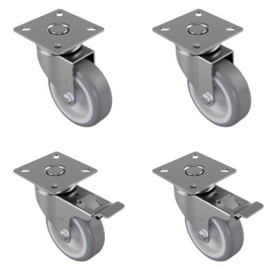 4 Pack Rubber Swivel Plate 75mm 2 x Swivel 2 x Braked 50kg Load