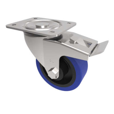 Blue Elastic Rubber 75ShoreA Plate Swivel Castor Brake 100mm 200kg Load