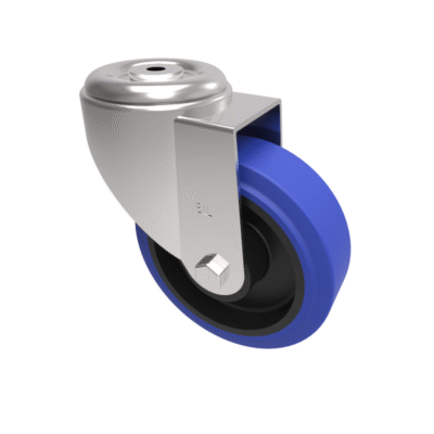 Stainless Steel Blue Elastic Rubber 75ShoreA Bolt Hole Swivel Castor 150mm 300kg Load