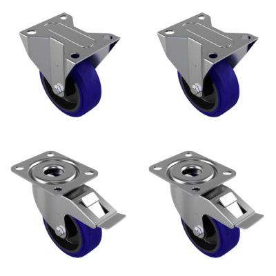 4 Pack Blue Elastic Rubber Plate 100mm - Various Configurations - 2 x Fixed + 2 x Braked
