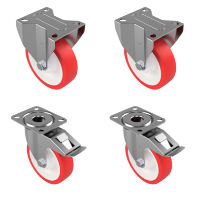 4 Pack Polyurethane Nylon Plate 125mm - Various Configurations - 2 x Fixed + 2 x Braked