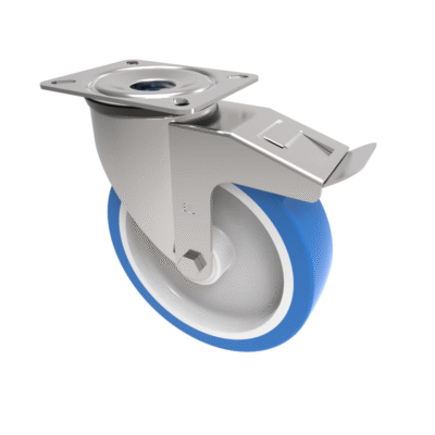 Soft Blue Polyurethane Nylon Plate Swivel Braked Castor 200mm 700kg Load