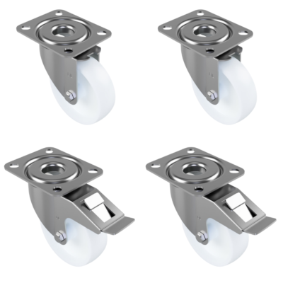4 Pack Nylon Plate 100mm - Various Configurations - 2 x Swivel + 2 x Braked
