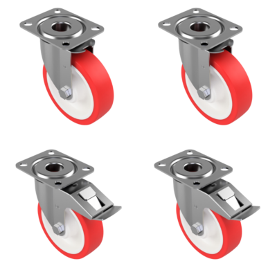 4 Pack Polyurethane Nylon Plate 125mm - Various Configurations - 2 x Swivel + 2 x Braked