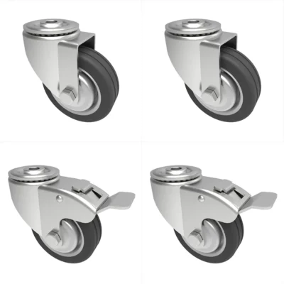 4 Pack 2 x Swivel 2 x Braked Rubber Steel Bolt Hole 75mm 120kg Load Per Set